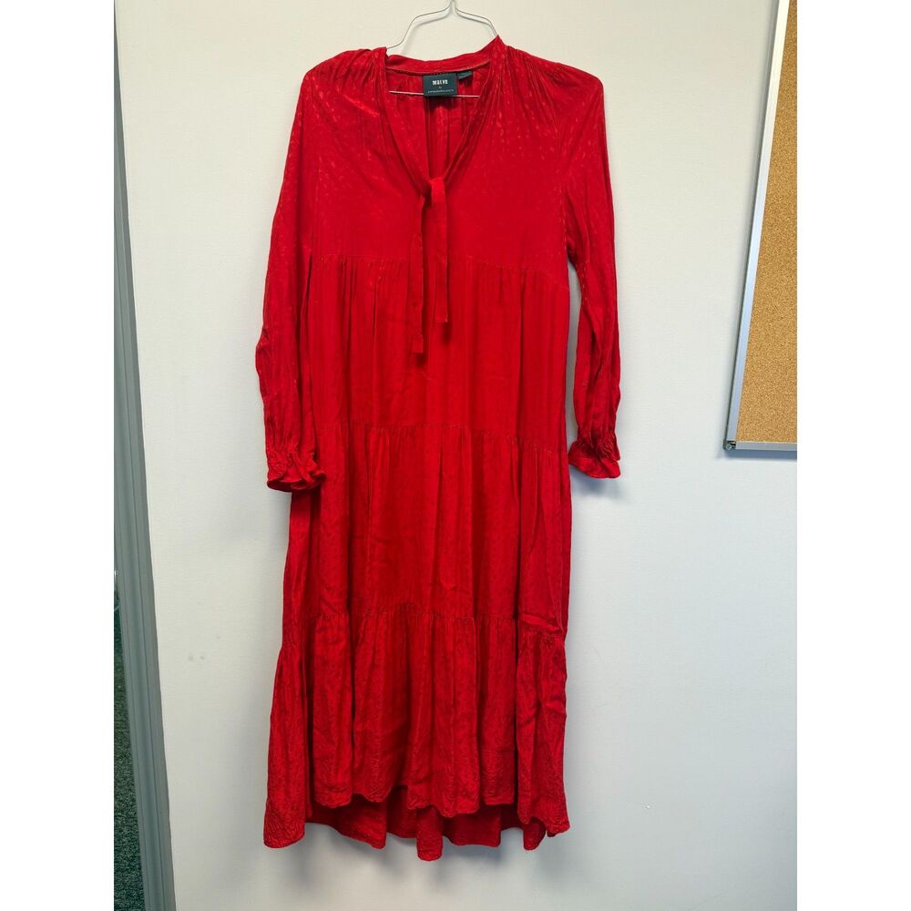 Maeve Anthropologie Red Tiered Maxi Dress Long Sleeve Tie Neck Boho Womens XS